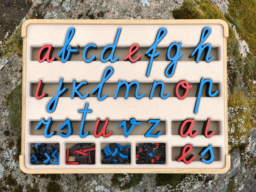 Kustīgais alfabēts- mazie burti.  Patskaņi sarkani, līdzskaņi zili