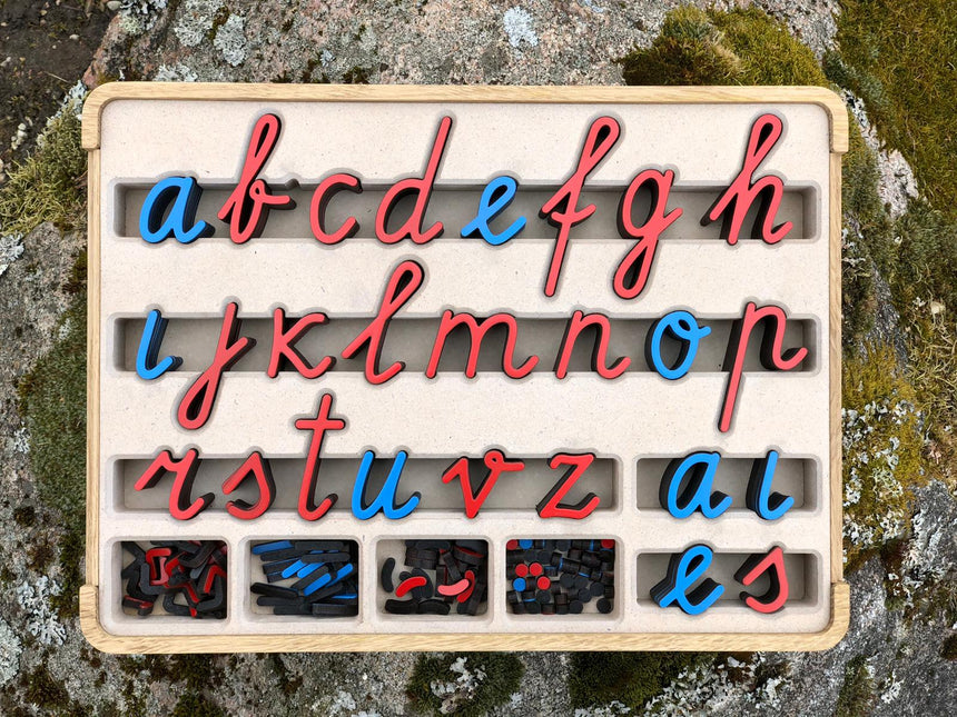 Kustīgais alfabēts - mazie burti. Patskaņi zili, līdzskaņi sarkani